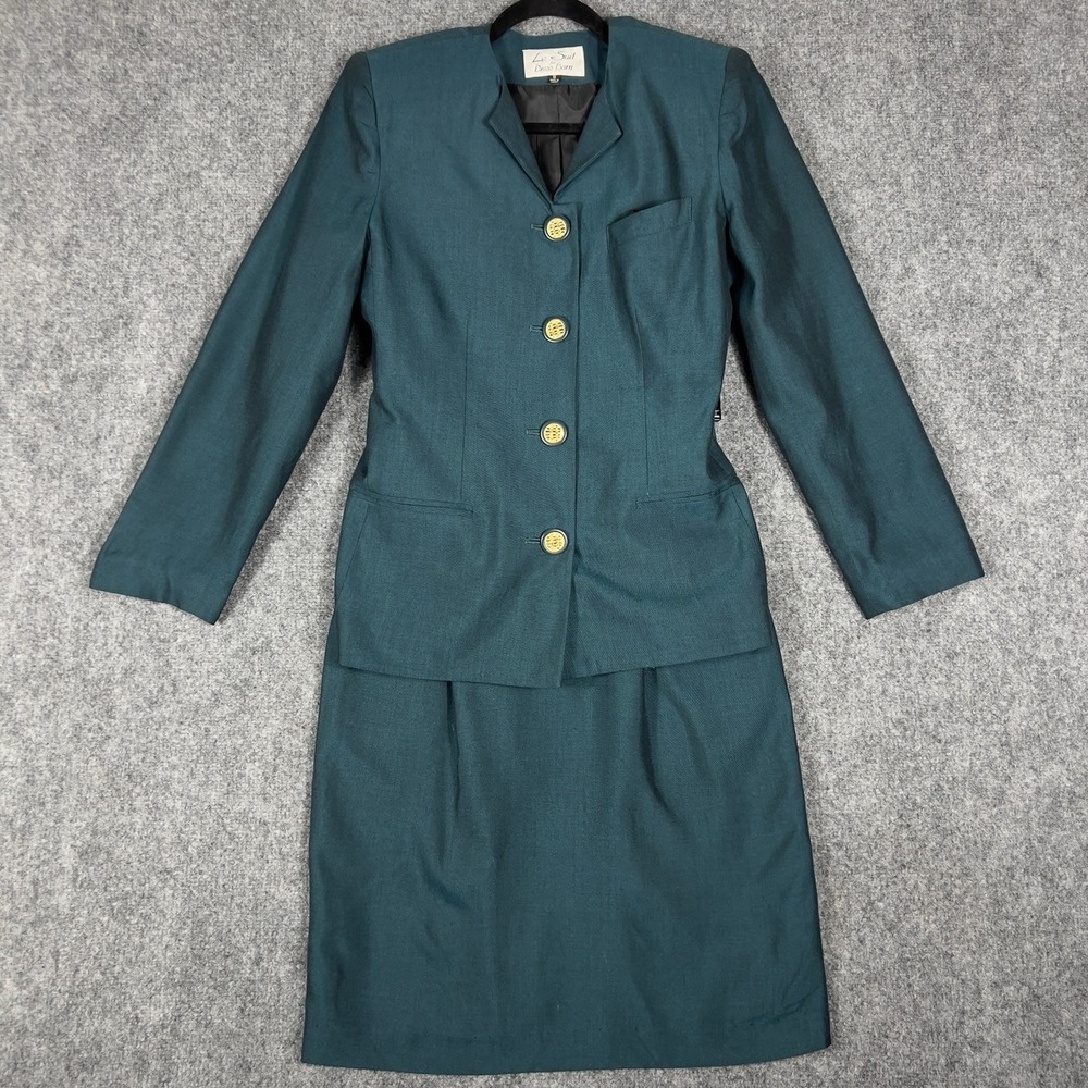 Le Suit Dress Barn Women's Teal Skirt Suit Size 8 Gold Button Blazer 2 Piece